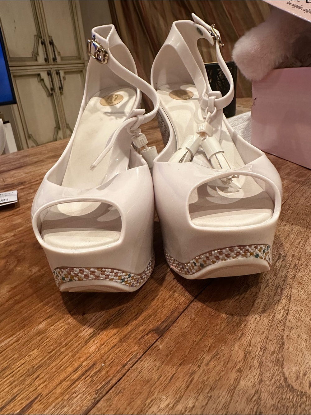 Melissa White Platform Peep-Toe Wedge Sandals with Beaded Trim